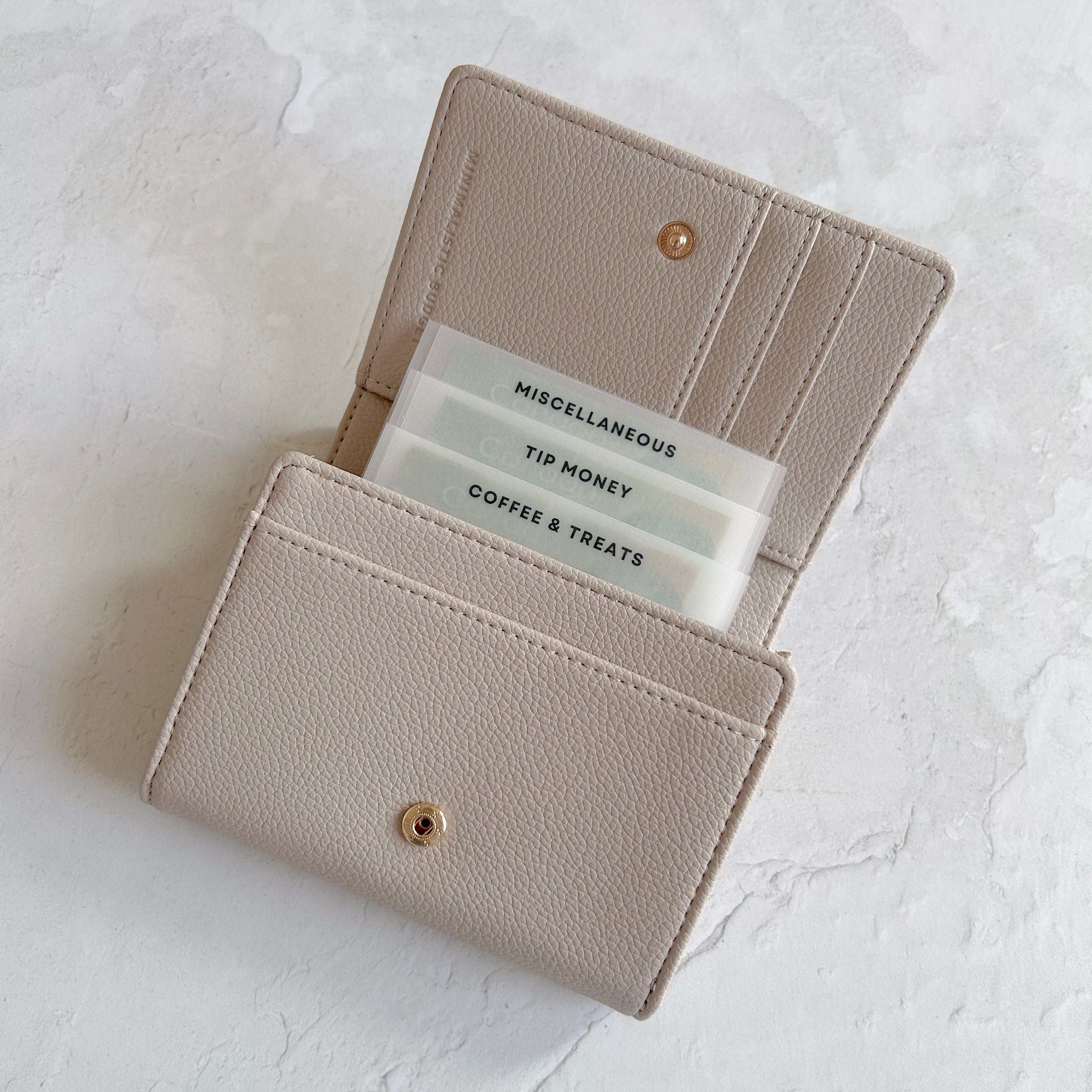 Open beige wallet with card slots on a light gray background