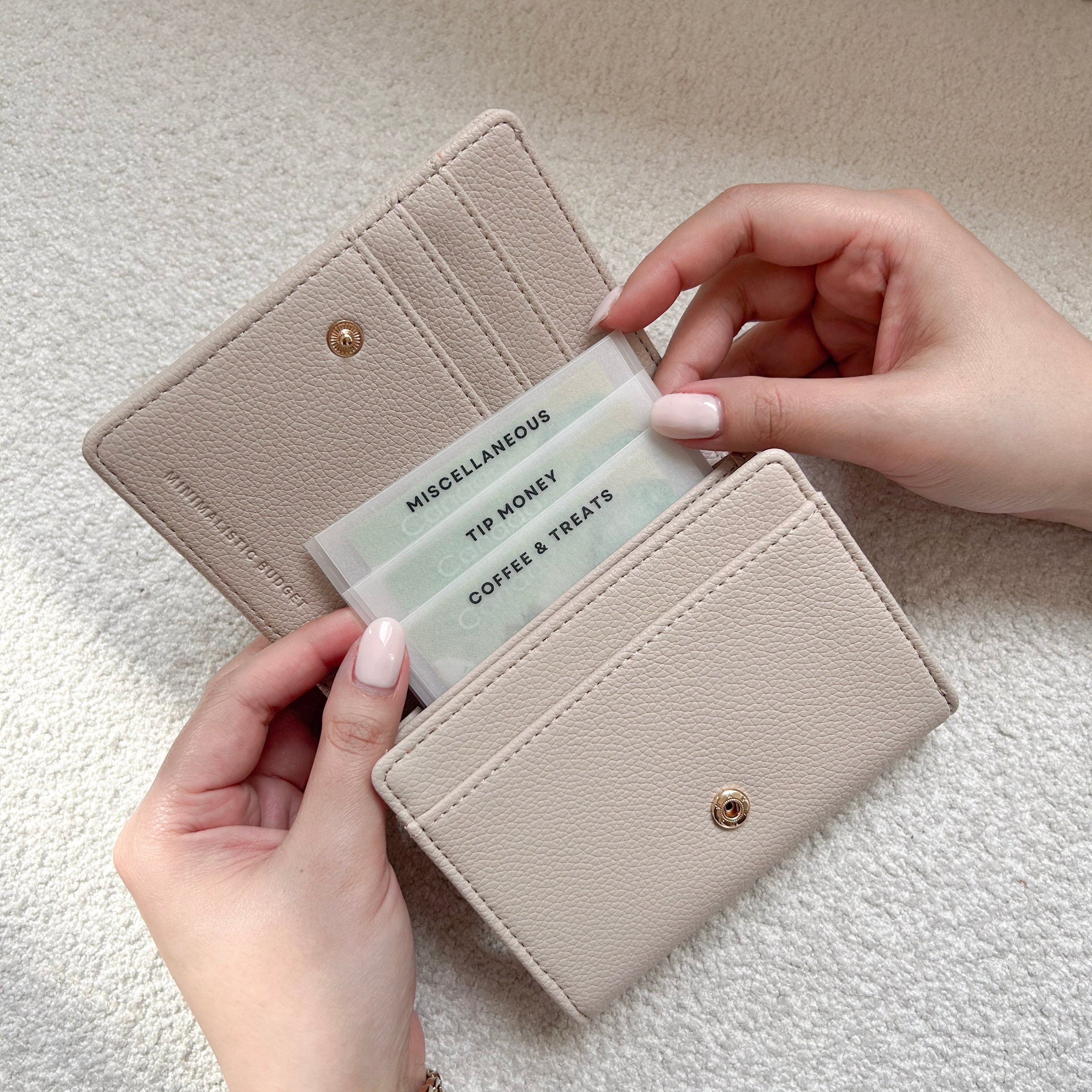 Beige wallet with cash envelopes on a light background
